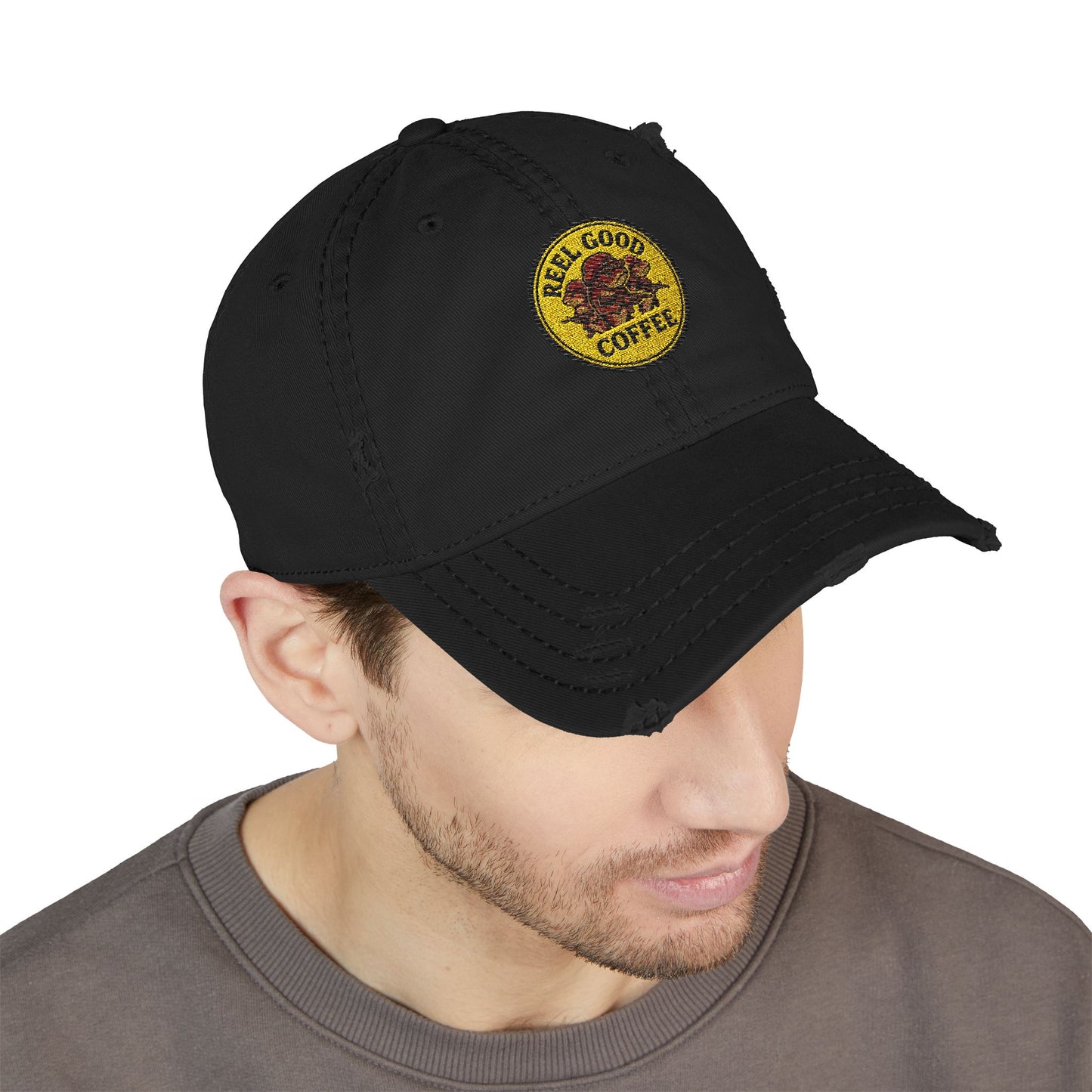Reel Good Coffee Retro Logo Distressed Embroidered Hat